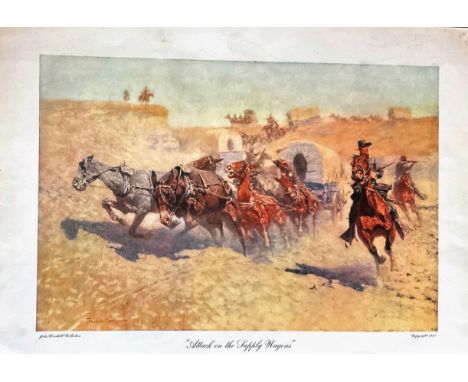 Frederic Remington colour Print Titled Attack on the Supply Wagons. Approx 28x20. All autographs come with a Certificate of A