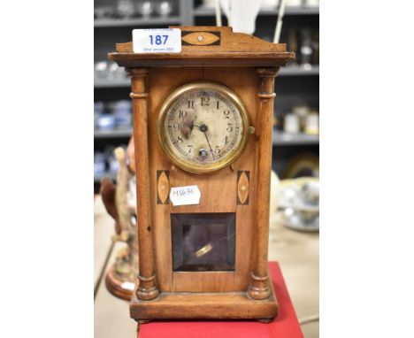 An Edwardian mahogany cased mantel clock of architectural design and inlaid design, small proportions, height approx. 25cm