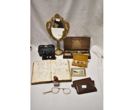 A miscellany of vintage and antique items, to include mirror, opera glasses in case, boxed balance scales, carved natural sto