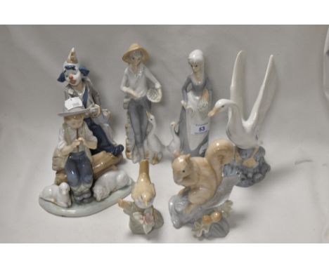 Seven Nao and Nao style figurines and studies, to include shepherd boy with lambs and whistle, Wren and Squirrel.