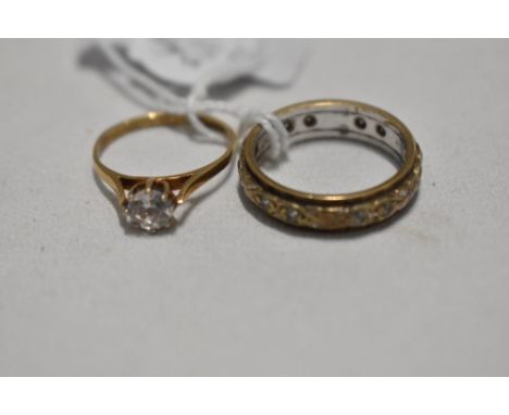 A 9ct gold eternity ring, size P and solitaire ring, size L, both having cubic zirconia stones,  approx 6.2g