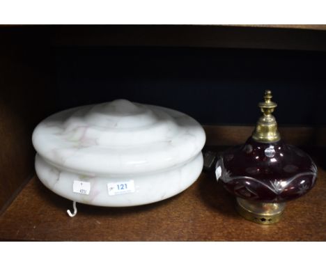 A 1930s Art Deco hanging platonnier lampshade in mottled pink and green tones and an etched ruby glass lamp, possibly adapted