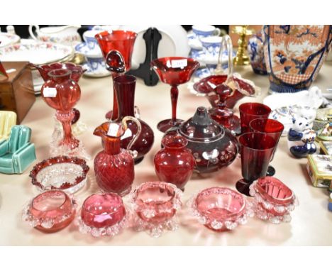 A collection of vintage ruby and cranberry glass wares, vases, baskets and glasses amongst this lot.