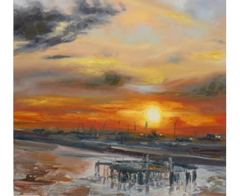 Judith Bridgland, Australian b.1962 -  Low Sun over Harbour, Kingston upon Hull; oil on linen, signed lower left 'J. Bridglan