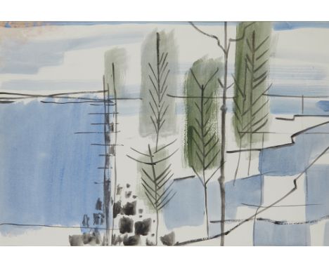 Robert Frame, Scottish c.1922-1999 - Untitled (Abstract landscape with trees), c.1950s; watercolour and ink on paper, 28 x 41