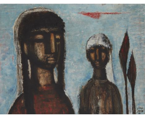 Yohanan Simon, Israeli 1905-1976 - Two figures against a blue sky, 1958; oil on canvas, signed and dated in Hebrew lower righ