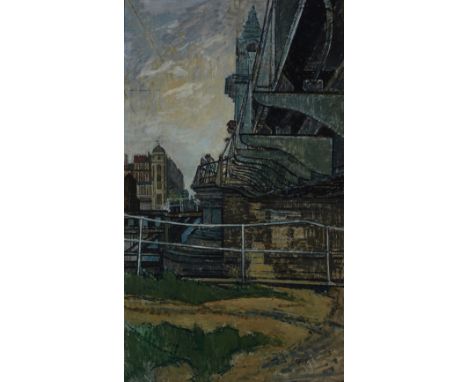 Robert Ellis, British 1929-2021 - Hammersmith Bridge (with 'Woman with jug' on the reverse); oil on canvas, signed lower righ