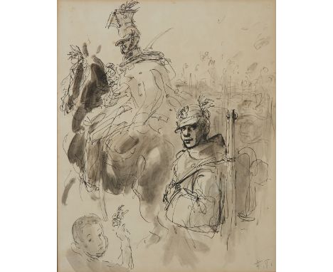 Feliks Topolski RA, Polish/British 1907–1989 - Crowd scene with Polish soldiers; ink and wash on paper, signed with initials 