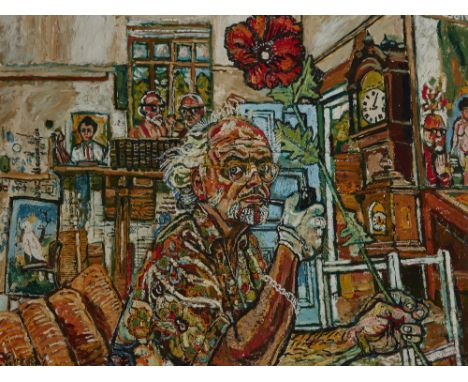 John Bratby RA, British 1928-1992 - Self-portrait with a poppy; oil on canvas, signed lower left 'Bratby', 91.5 x 122 cm (ARR