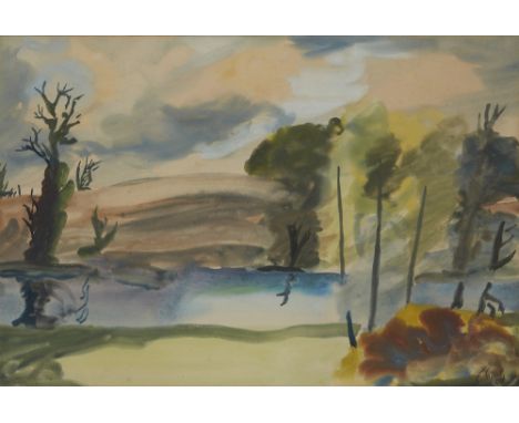 Rowland Suddaby, British 1912-1972 - Landscape with lake; watercolour on paper, signed lower right 'R Suddaby', 36.2 x 54 cm 