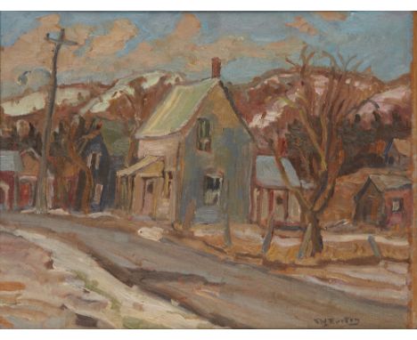 Ralph W. Burton, Canadian 1905-1983 - Town scene, Pontiac, 1966; oil on panel, signed lower right 'R W Burton' and titled, da