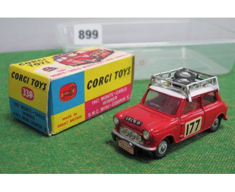 Corgi Toys #339 Diecast Model B.M.C Mini Cooper 'S', 1967 Monte Carlo Winner, No 177, red body, white roof, red interior, spa