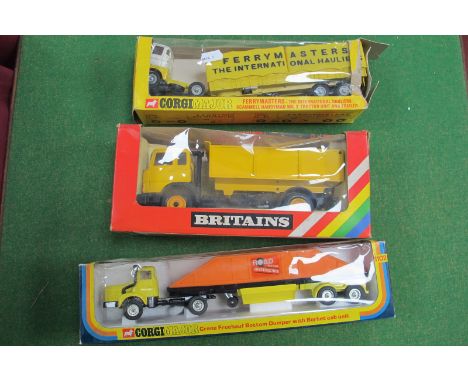 Three Diecast Model Trucks, comprising of Britains #9583 Tipper Truck, Box Header Trimmed, Corgi Major #1102 Crane Fruehauf B