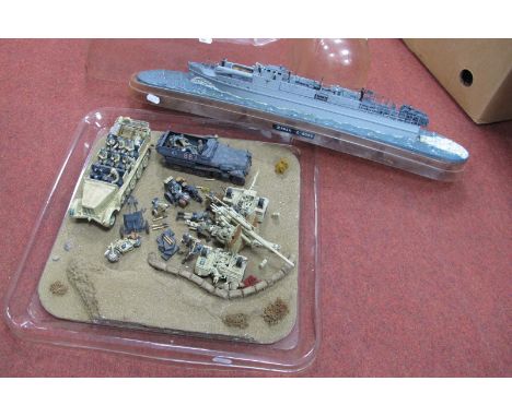 Two 'Built Up' Plastic Model Kit WWII Dioramas, comprising of German 'E' Boat and German Army desert scene featuring armored 