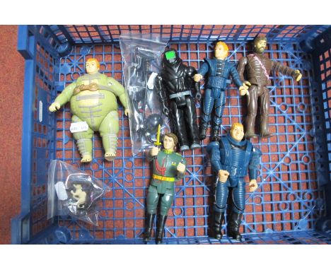 Six Mid 1980's Dune Action Figures, by LJN Toys, to include Paul Atreides, Rabban, Feyd (Sting) with cat in carrier box, Stil