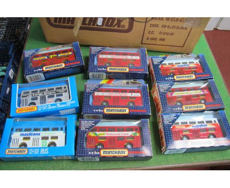 Nine Boxed Matchbox Superkings K-15 Buses, to include 'Come To Petticoat Lane', 'London Palladium', 'Milky bar' (2), 'Maclean