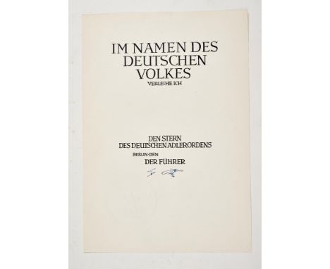 Orden und Ehrenzeichen - Deutscher-Adler-Orden : Deutscher Adler Orden: Verleihungsurkunde zum Stern des Deutschen Adler Orde