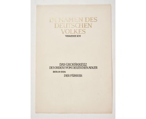 Orden und Ehrenzeichen - Deutscher-Adler-Orden : Deutscher Adler Orden: Verleihungsurkunde zum Großkreuz - Blanko -Exemplar.D