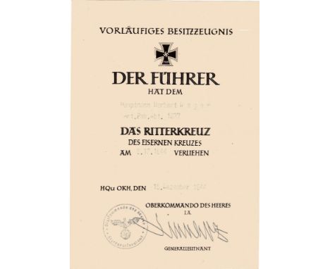 Orden und Ehrenzeichen - Ritterkreuz : Vorlaufiges Besitzzeugnis zum Ritterkreuz verliehen an Hauptmann Herbert Megow, Art.Pa
