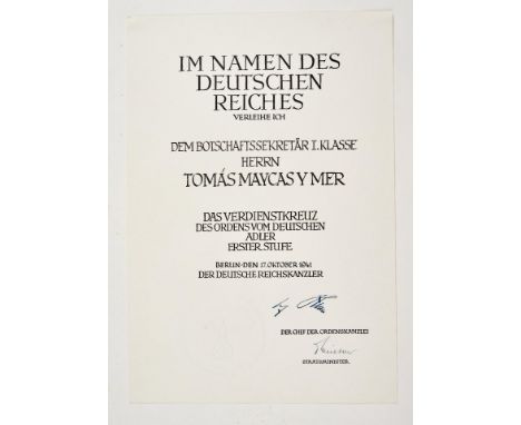 Orden und Ehrenzeichen - Deutscher-Adler-Orden : Verleihungsurkunde zum Verdienstkreuz des Ordens vom Deutschen Adler I. Stuf