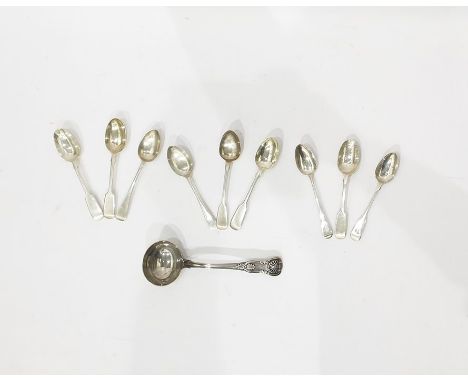 William IV Kings pattern silver sauce ladle by William Chawner 1833 and nine assorted Victorian and later silver teaspoons, a