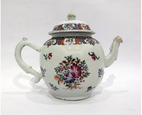 18th century Chinese porcelain teapot, bulbous body with 'S'-scroll handle, floral spray and sprig painted (repair to spout),