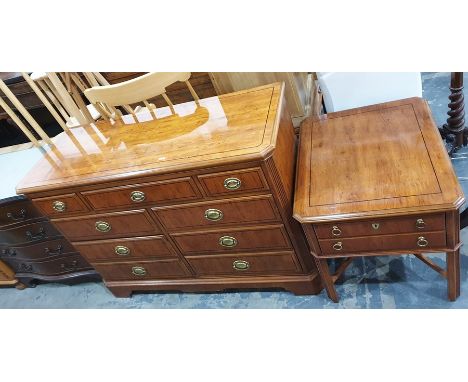 20th century yew chest with canted corners, reeded pilasters, seven assorted drawers, to bracket feet and another similar yew