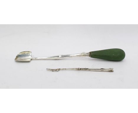 George III silver stilton scoop, maker's mark obscured, London 1802, of plain form with stained green ivory handle and a Geor