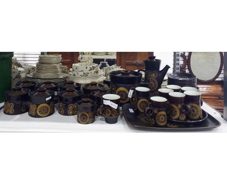 Large collection of Denbyware in brown, with ochre pattern, including lidded tureen, coffee pot, coffee mugs, tray and lidded