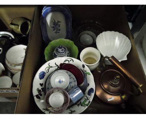 Roslyn china 'Moss Rose' part tea service, blue and white meat plate, a copper kettle, vases, etc (2 boxes) 