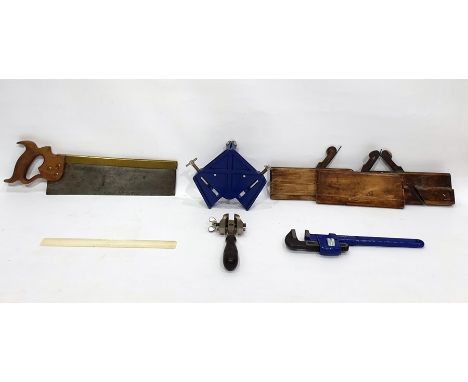 Assorted hand tools to include moulding plane stamped Howey and C Taylor, a box saw, wrench, etc and assorted block and mould