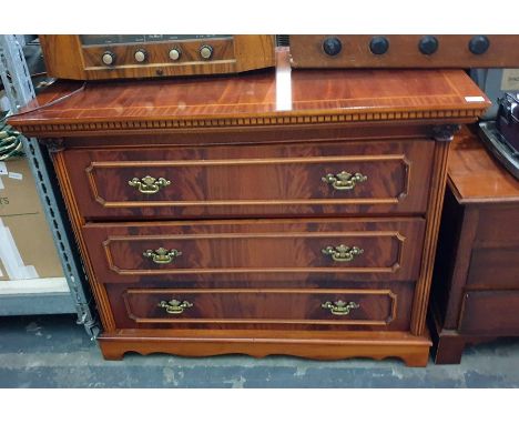 20th century mahogany chest of drawers, the rectangular top above three drawers flanked by Corinthium column pilasters, to br