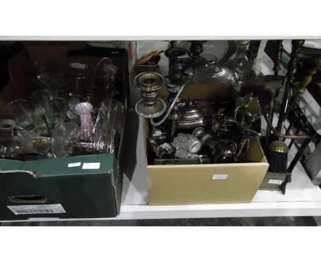 Quantity of glassware including Caithness style decanter, wines, silver plate and a small brass fire companion 