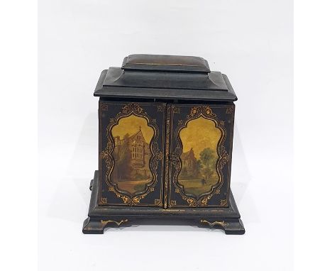 Victorian lady's workbox, the moulded black lacquer top opening to reveal fitted sewing compartments, with six mother-of-pear