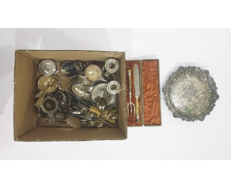 Silver plated salver with engraved decoration, various silver plated mugs, a set of silver plated bread knife and fork&nbsp;w