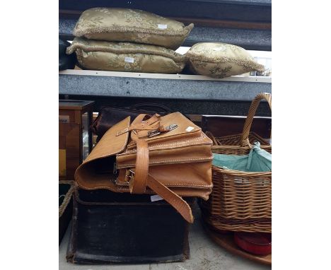 Various vintage leather cases including Gladstone bag, large document satchel, a small leather trunk and three cushions