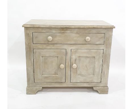 Grey painted 20th century cupboard, the rectangular top above a single drawer and two cupboard doors, to bracket feet