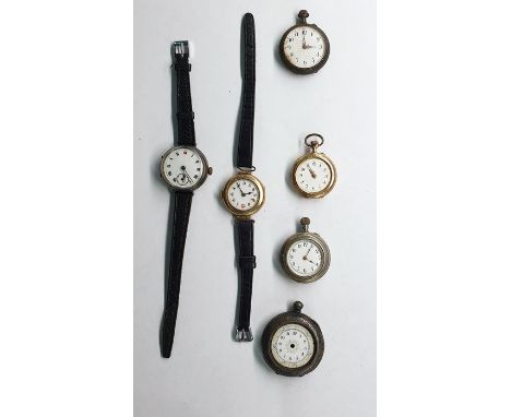Lady's 9ct gold wristwatch with white enamel dial, Roman numerals, leather strap, lady's 14K gold fob watch, the white circul