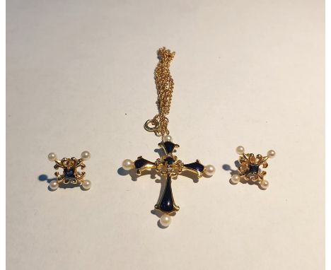 18ct gold enamel sapphire and diamond and pearl cross pendant on gold chain marked 585 and a matching pair of gold sapphire a