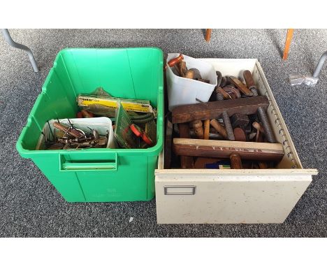 Vintage brass blow torch, two oil pumps, an inspection lamp, another blow lamp, various spanners, mole grips, pincers, two bo