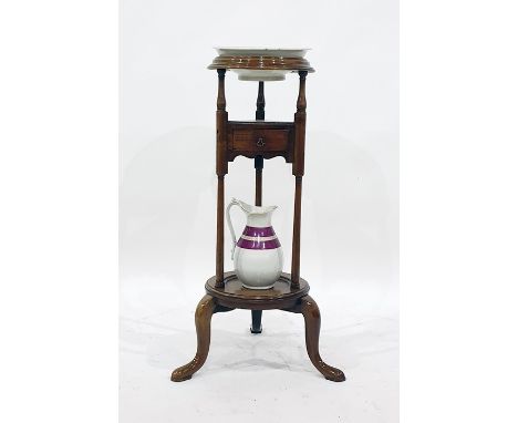 George III mahogany wash basin stand with under-shelf, lower tier, on cabriole supports with ceramic jug and basin 