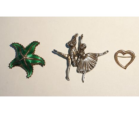 Norwegian silver gilt and green enamel brooch by Ivar Holth, modelled as a starfish, of raised design, marked 925, 4.5cm diam