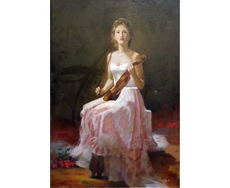 David YorkeOil on canvas Full-length portrait of a young girl holding a violin and bow, in a pink flowing dress, signed lower