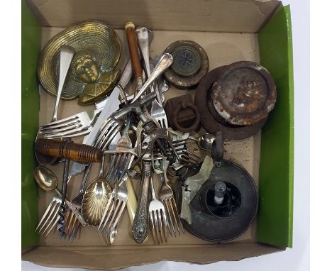 Corkscrew with turned wooden handle, a quantity of silver plated flatware, etc