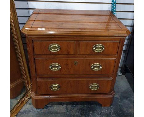 20th century yew bedside chest of drawers, the rectangular top with canted corners, fluted pilasters, two short and two long 
