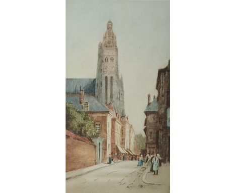 Colour print after Tatan Winter, continental street scene with cathedral and market, a gilt frame with a gilt slip&nbsp;and a