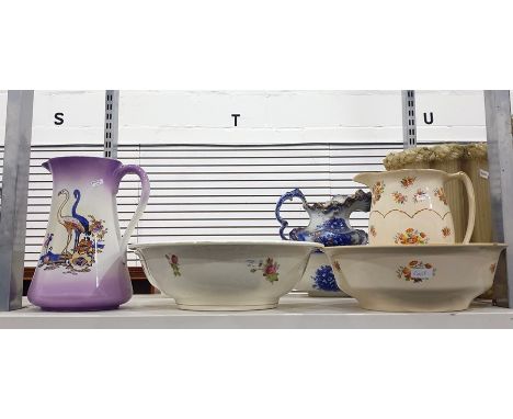 Winertons 'Hampton Ivory' ewer and basin, another basin, another ewer with flamingos and a blue and white lidded basin 