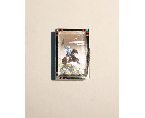 Art Deco enamel, mother-of-pearl, abalone, diamond and gold pill box, indistinct marks, of rectangular form, the glazed and e