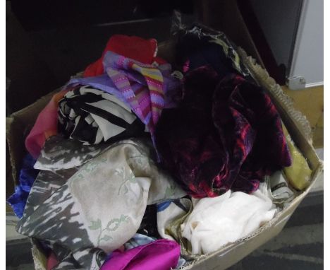 Box of assorted scarves, assorted table linen, curtains, metal sewing box, etc (4) 