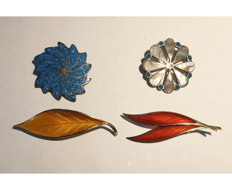Norwegian silver gilt and yellow enamel brooch by David Andersen, modelled as a leaf, another Norwegian silver gilt and red e